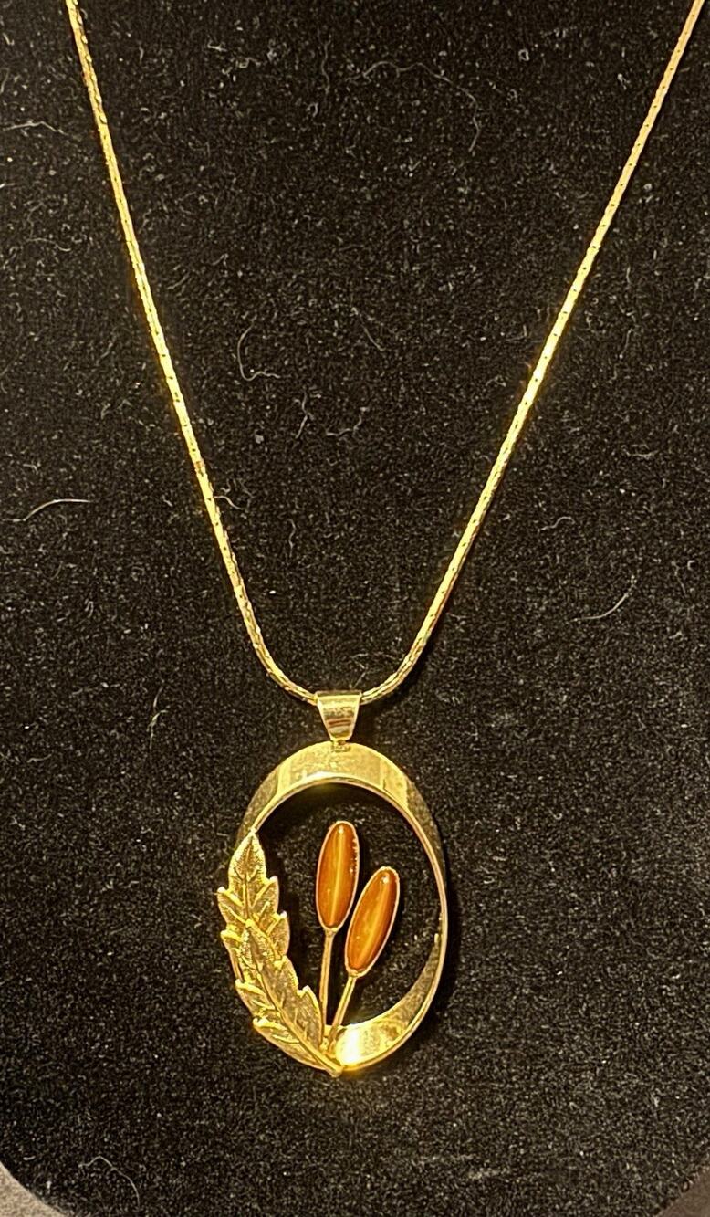 Vintage Park Lane Tiger's Eye Cattails Pendant Necklace Gold Tone Cobra Chain